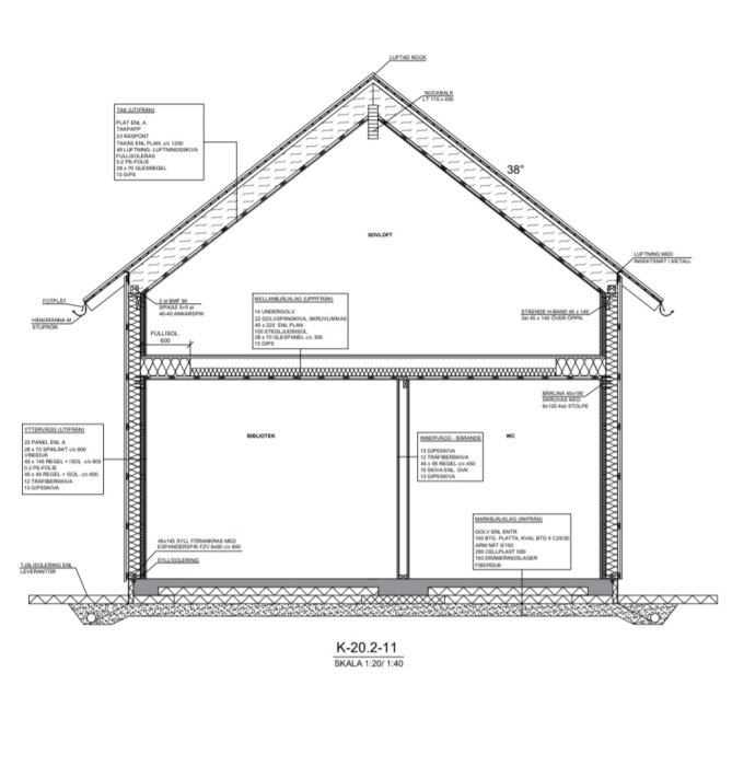 Sektionsritning av ett hus som visar mått och materialspecifikationer för olika byggnadsdelar.