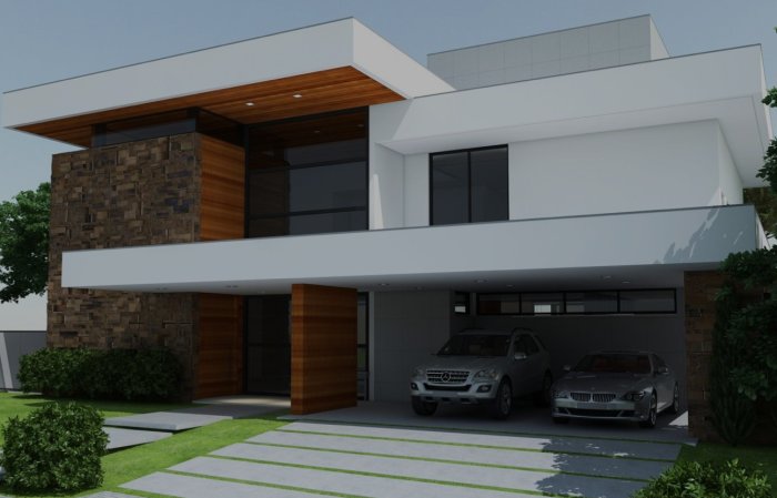 Modern villa med platt tak, stora fönster och garage med två bilar parkerade utanför.