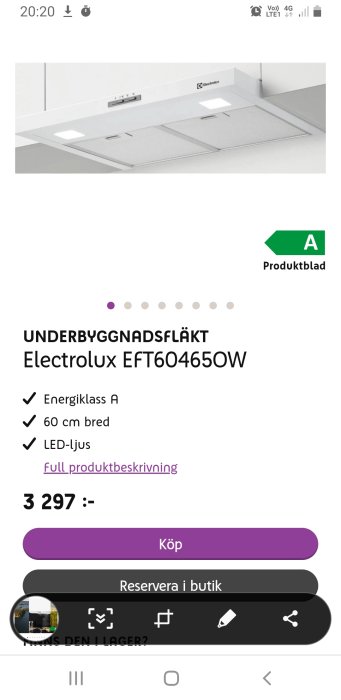 Vit underbyggnadsfläkt Electrolux EFT60465OW monterad under skåp med specifikationer och pris.