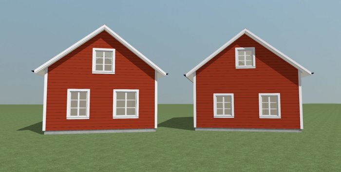 Två 3D-modeller av röda hus med olika fönsterstorlekar, jämförelse av kundens ritning och professionell skiss.