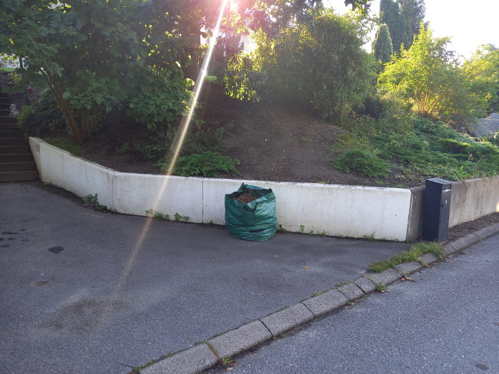 Delvis målad vit stödmur i cement med synliga tecken på slitage och gulnad färg längs en trädgård och väg.