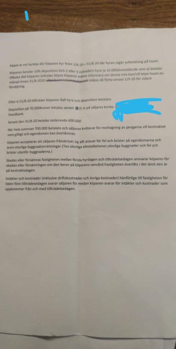 En bild av ett dokument som beskriver villkoren i ett hyrköp av hus, inklusive deposition och betalningsdetaljer.