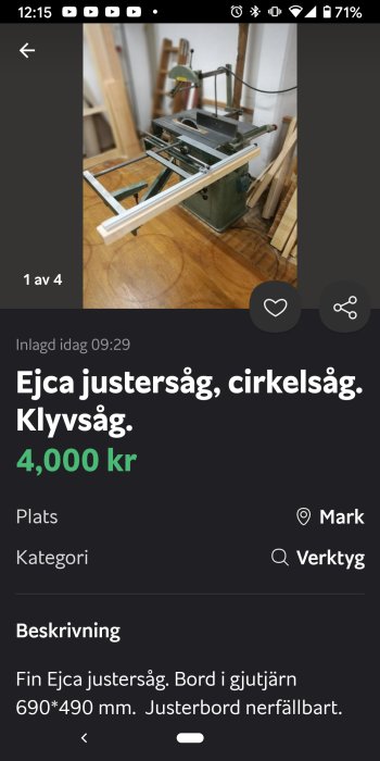 Justersåg och cirkelsåg med gjutjärnsbord till salu, placerad i ett snickeri.