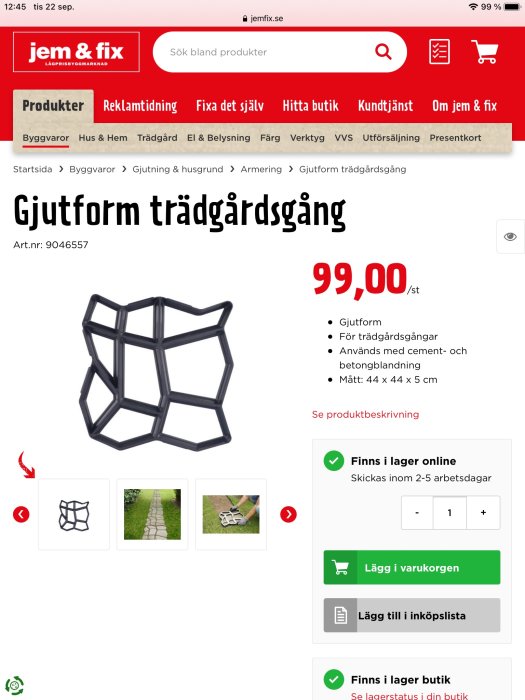 Skärmdump av Jem & Fix webbsida visar en gjutform för trädgångsgång, prissatt till 99 kronor, används för att göra betongvägar.