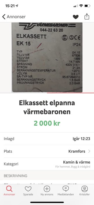 Etikett på en Elkassett EK 15 elpanna med tekniska specifikationer och tillverkarinformation.