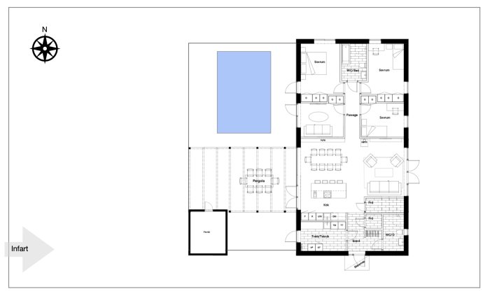 Planlösning för ett hus med kök och vardagsrum riktat mot en pool och pergola, med entré och sovrum anpassade för en smal tomt.