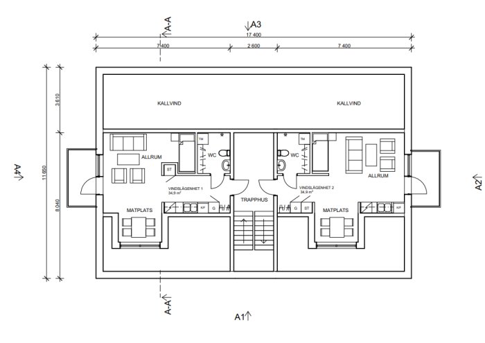 Arkitektonisk planritning av en våning med två vindslägenheter, allrum, matplatser och WC.