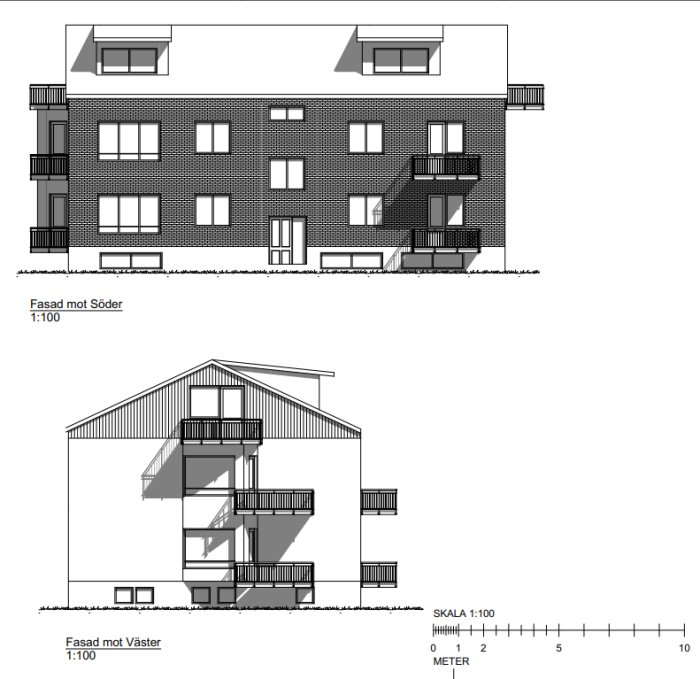 Arkitektoniska ritningar av en byggnads syd- och västfasad med skala och måttangivelser.