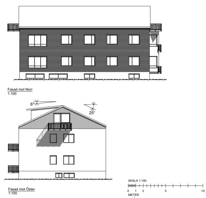 Arkitektritningar med fasadvyer mot norr och öster för ett flerfamiljshus, inklusive skala och vinkelmått.