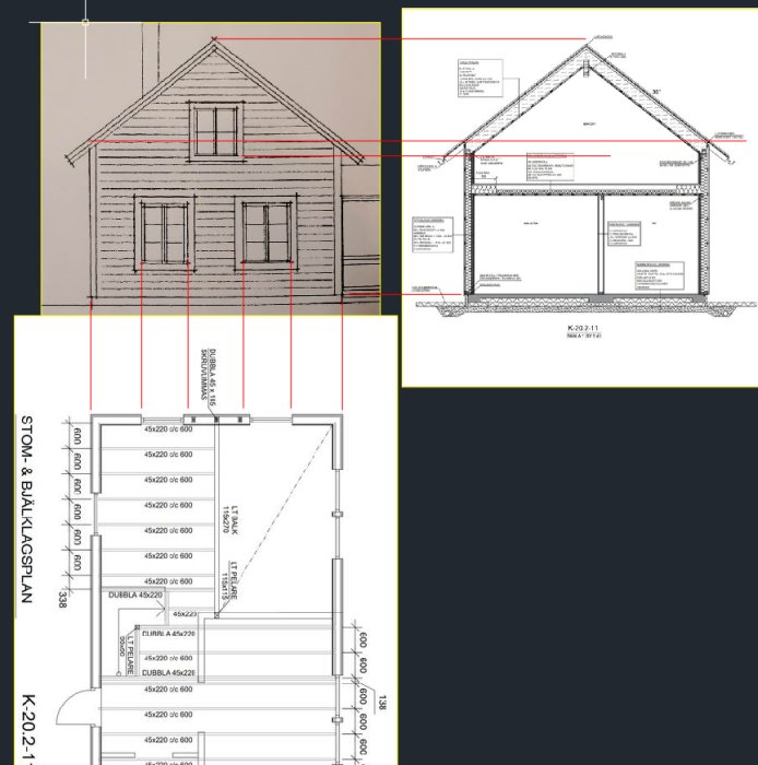 Jämförelse mellan CAD-skiss av husfasad och detaljerad byggritning.