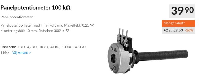 Panel potentiometer på 100 kΩ med linjär kolbana och monteringsinformation.
