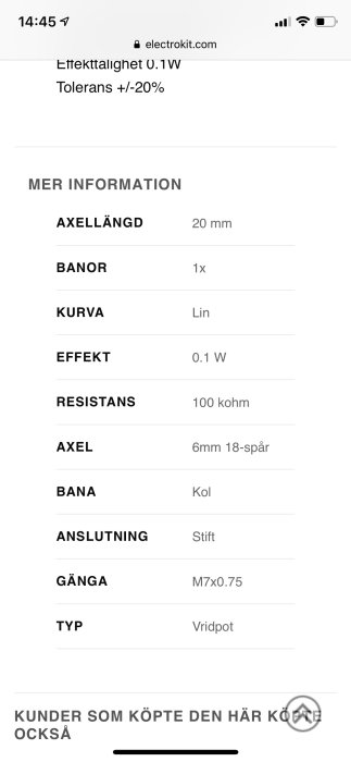 Skärmdump av produktspecifikation för en elektronisk komponent med parametrar som axellängd och resistans.