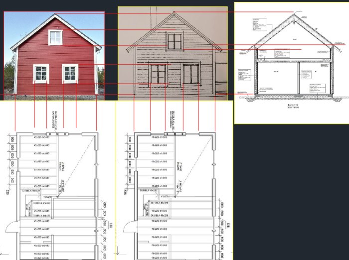 Kollage av husgavel med CAD-ritningar och foto för jämförelse av fönsterplacering.
