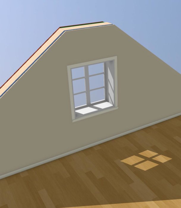 3D-renderad interiör av ett rum med lutande tak, fönster och trägolv som reflekterar solljus.
