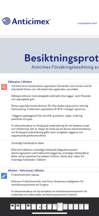 Skärmdump av ett besiktningsprotokoll med fokus på fuktvärden och rekommendationer för fördjupad undersökning av källarens konstruktion.