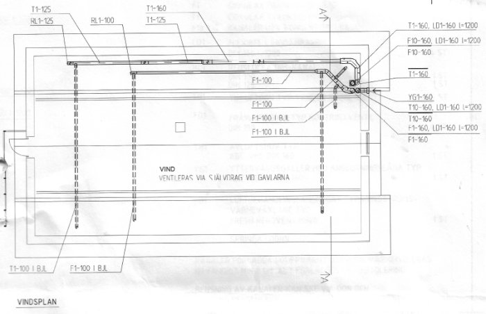 Ritning över ventilationssystem med fyra tilluftsdon anslutna till en stamledning.