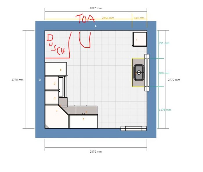 Ritning av badrum med markerade platser för dusch, toalett, tvättställ och tvättmaskin, planerat i ett köksplaneringsverktyg.