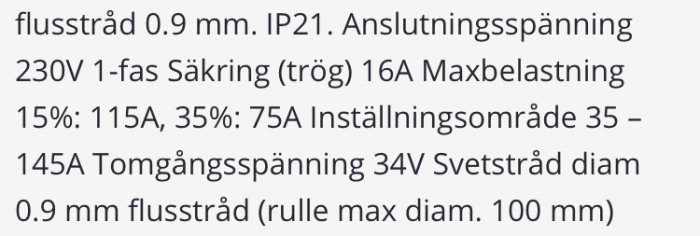 Teknisk specifikation av en Deca MigMag 165 1-fas svets med detaljer som maxbelastning och flusstrådsdiameter.