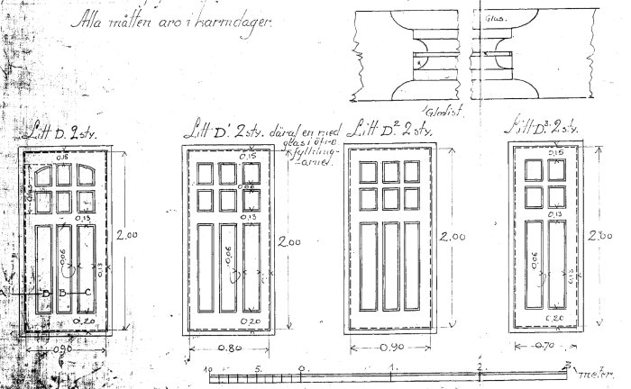 Skiss av tre olika nationalromantiska dörrdesigner med detaljerade måttangivelser.