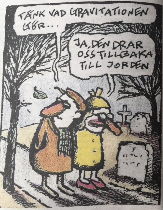 Två animerade fåglar står i en kyrkogård med pratbubblor om gravitation, framför en gravsten med en pil.