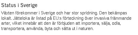 En skärmbild som visar textinformation om jättelokans status i Sverige från Naturvårdsverkets webbplats.