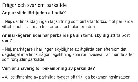 Skärmdump av text från en webbplats med FAQ om parkslide, inklusive frågor om odlingstillstånd, markägarens ansvar och bekämpningsansvar.