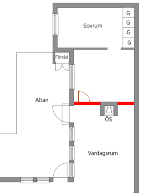 Skiss av planlösning för hus med markerad ny vägg vid öppen spis för att skapa extra sovrum.