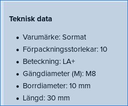 Teknisk data lista för byggprodukter med varumärket Sormat, inklusive förpackningsstorlek och måttangivelser.