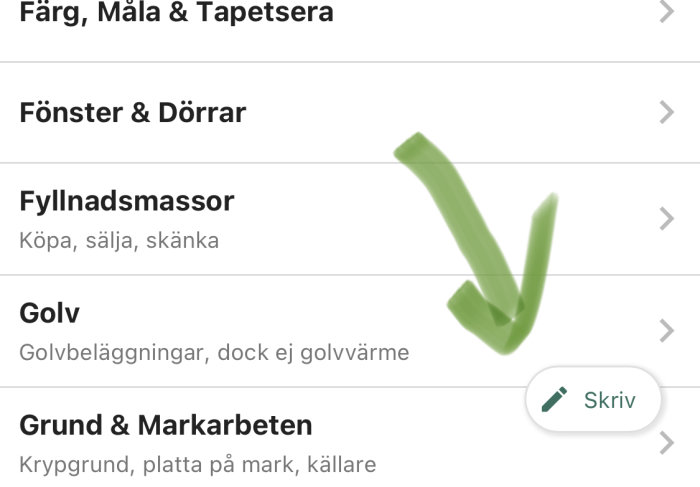 Grönt bockat hörn markerar "Skriv"-knapp för att starta ny forumtråd i en app för bygg- och renoveringsdiskussioner.