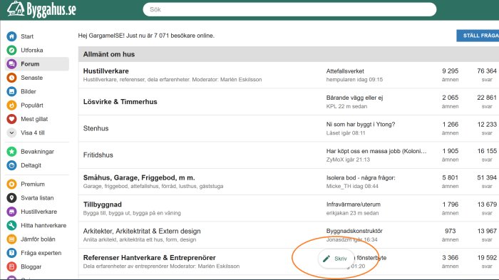 Skärmdump av forumtrådar på Byggahus.se med markerad skriv-knapp som användaren ogillar.