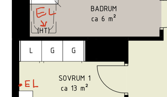 Ritning av sovrum med markerat eluttag och handdukstork i angränsande badrum, planering för elinstallation.