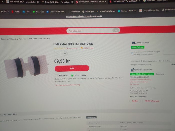 Omkastarkolv med packningar för blandare på en webbutikssida med priset 69,95 kr markerat.