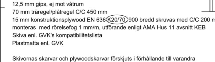 Textdokument med bygginstruktioner för användning av gipsskivor och konstruktionsplywood enligt EN 636-standarden och GVK:s riktlinjer.