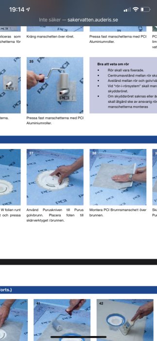Steg-för-steg processbilder som visar montering av PCI-manschetter runt rör i en byggmiljö.