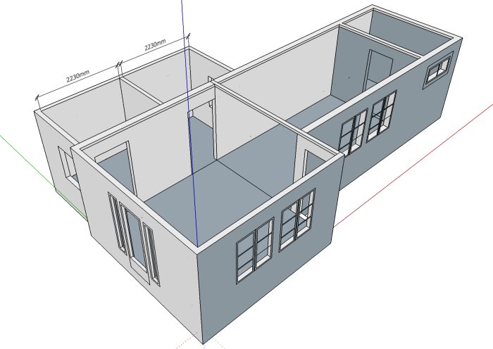 3D-ritning av en husmodell med mått för planerad dörröppning och angivet skuggat område.