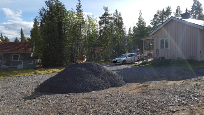 Grushög framför hus med veranda, en hund på högen, bil och person vid bilen i lantlig miljö.