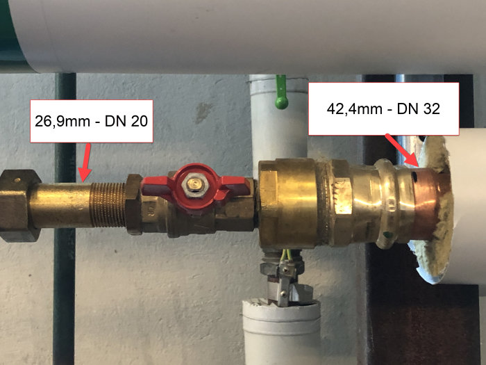 Vattenmätare med röranslutning DN 20 monterad på större ledning DN 32 i bostadsrättshusinstallation.