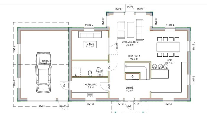 Arkitektonisk ritning av en planlösning för en bostad med angivna mått för rum som kök, vardagsrum och garage.