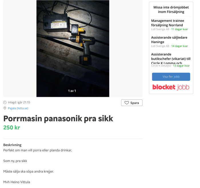 Panasonic borrmaskin och batteriladdare på träyta i svagt belyst rum, humoristiskt kallad "porrmaskin" i annonsen.