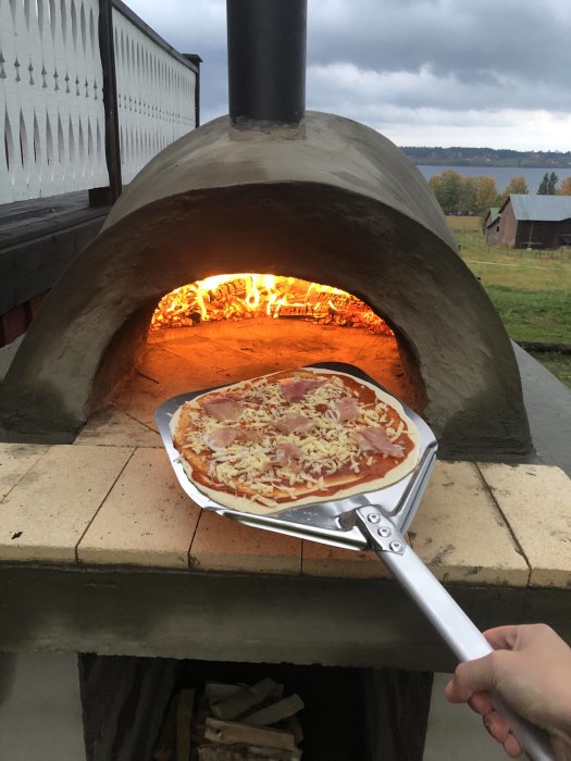 Hembakad pizza placeras i en nybyggd utomhus pizzaugn med glödande ved.