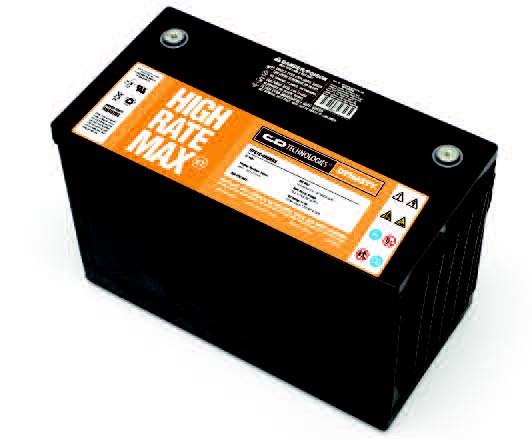 Svart UPS batteri med orange vit etikett märkt "HIGH RATE MAX" och specifikationer.