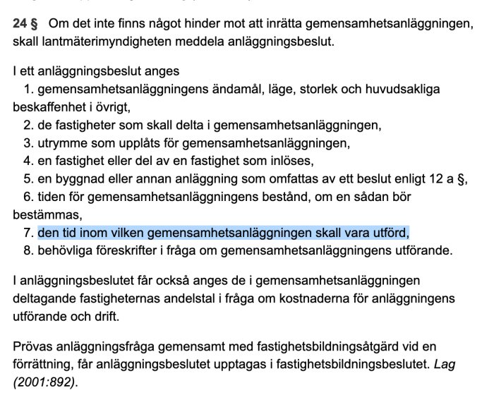 Svensk lagtext om anläggningsbeslut enligt anläggningslagen, artikel 24 §, markerad text.