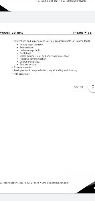 Sida från instruktionsbok med lista på skydd och övervakningar för VACON 20 API.
