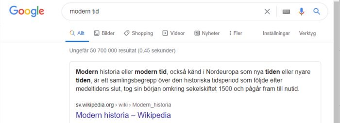Skärmdump av Google-sökresultat för "modern tid" med Wikipedia-länk om modern historia synlig.