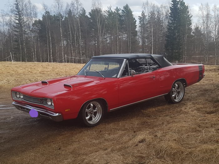 Röd Dodge Coronet -69 Cabriolet parkerad utomhus med öppet landskap i bakgrunden.