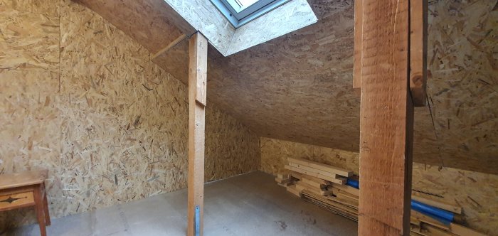 Inre hörn av ett rum under renovering med OSB-skivor monterade på väggarna och ett fönster i taket.