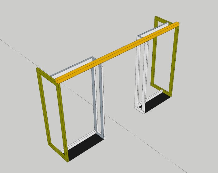 3D-skiss av en planerad bokhyllskonstruktion med limträbalk och stödreglar.