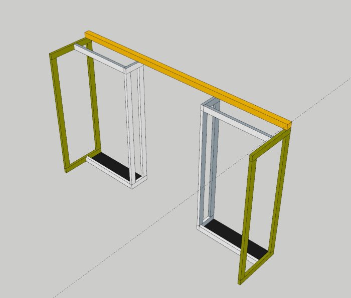 3D-skiss av ramverk för skjutdörr med gul limträbalk och gröna och vita reglar.