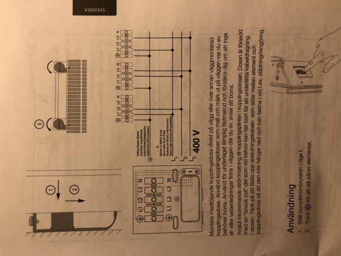 Instruktionsblad med diagram för installation av eluttag och strömbrytare.