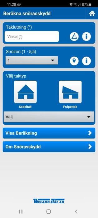 Skärmdump av Welands app 'Säker på taket' för beräkning av snörasskydd med taklutnings- och snözoninställningar.